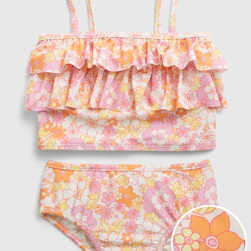 GAP UPF 50+ Toddler Ruffle Tankini Swim Two Piece Floral Set Orange Pink 2 YRS